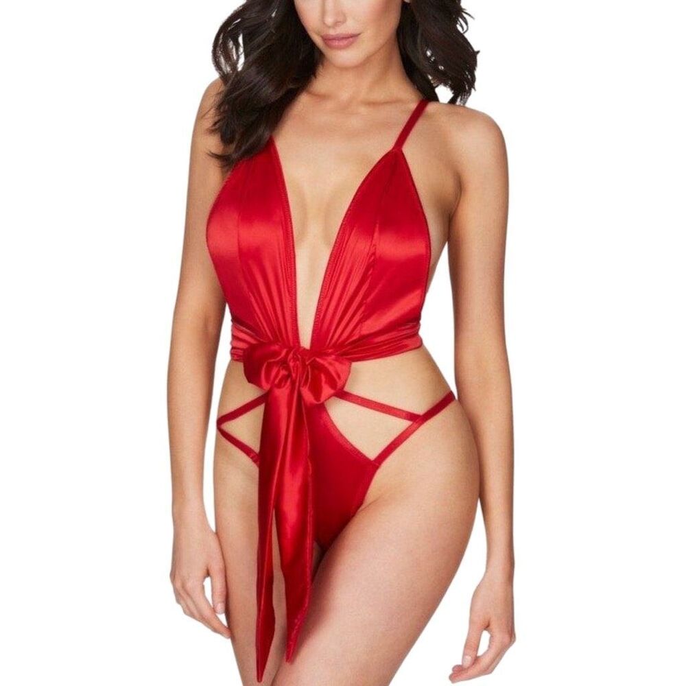 Yandy Collection Red Satin Deep Plunge Teddy - Size Small/Medium